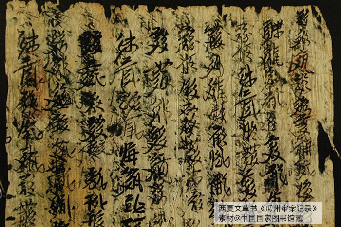 西夏文草書《瓜州審案記錄》，素材@中國國家圖書館